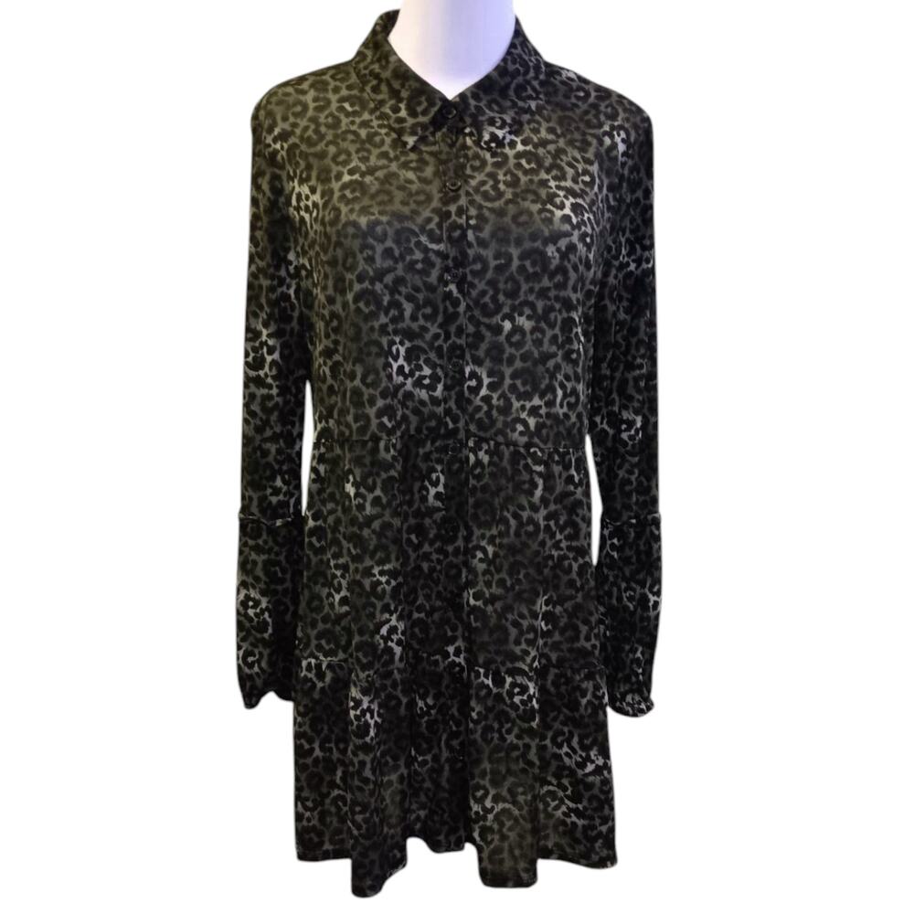 Style&Co Long Tunic Top Tiered‎ Ruffle L Green Black Animal Print Cheetah Y2K